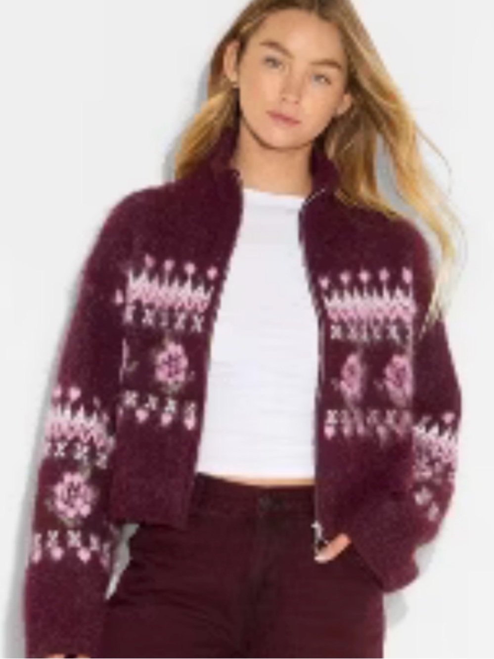 Small Wild Fable burgundy Zip-Up Fair Isle Cardigan with Pink Accents